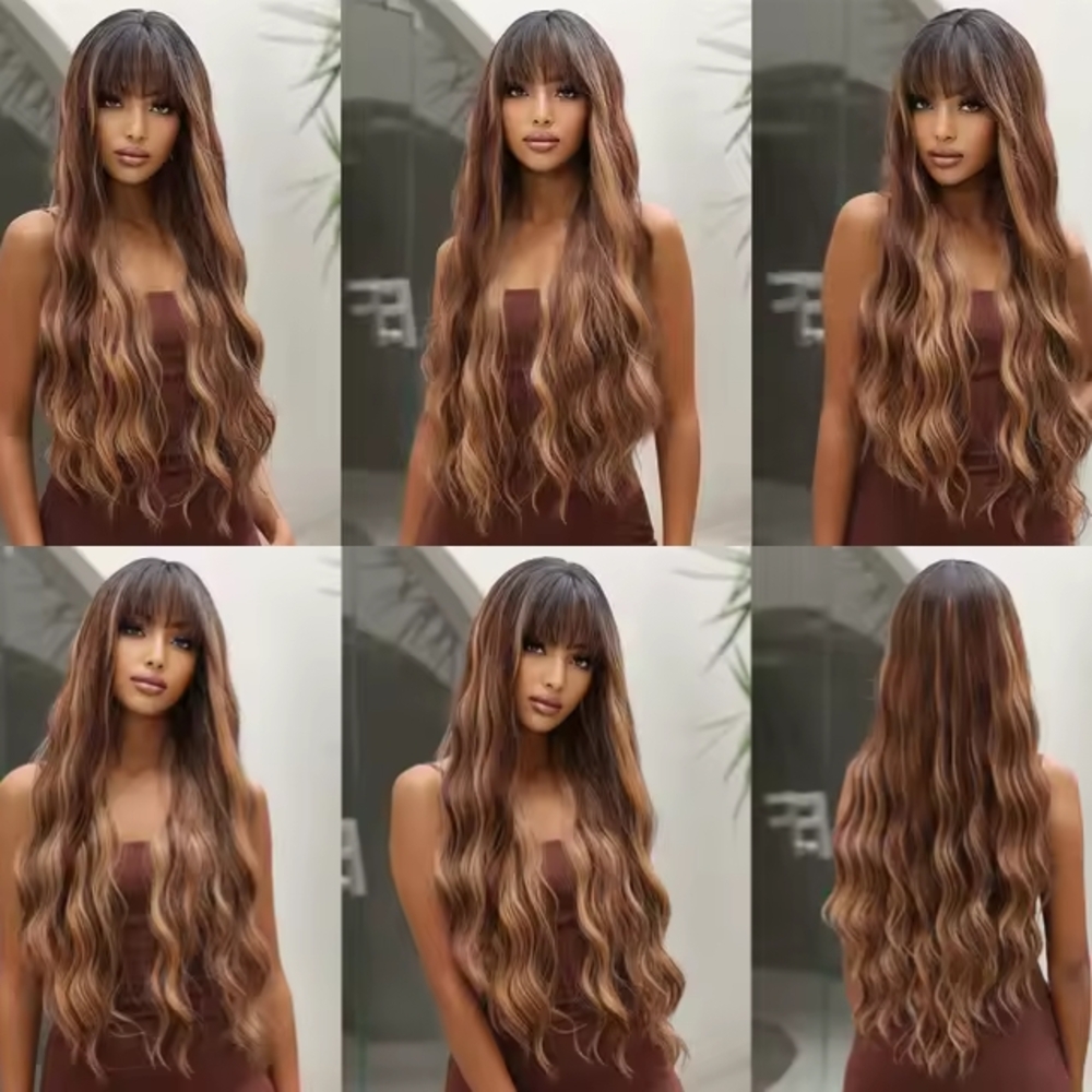 ALLAN EATON Long Wavy Ombre Highlight Synthetic w/Bangs Heat Resistant Wig - Picture 5 of 5
